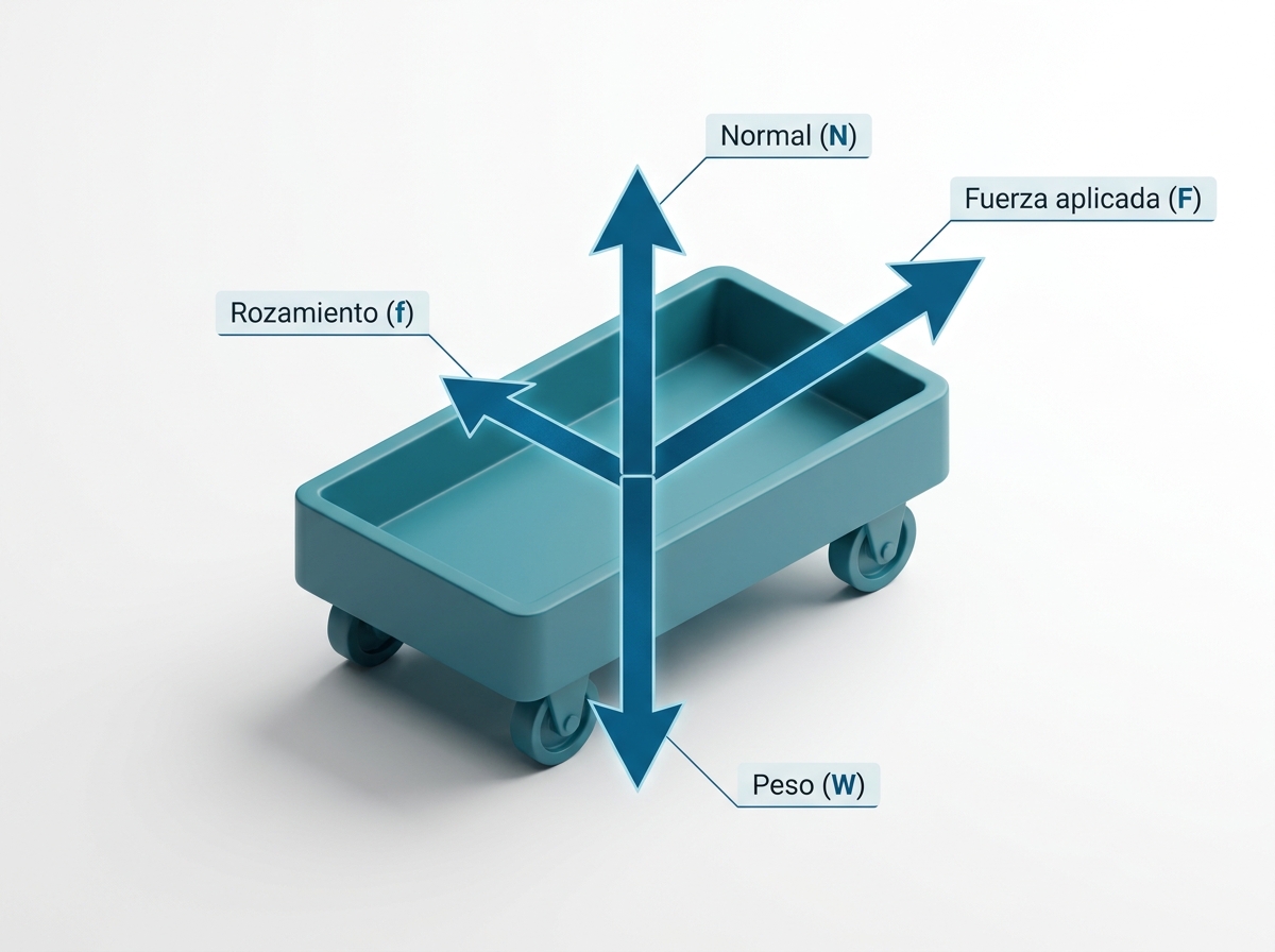 Diagrama de cuerpo libre del carrito con las cuatro fuerzas representadas como vectores