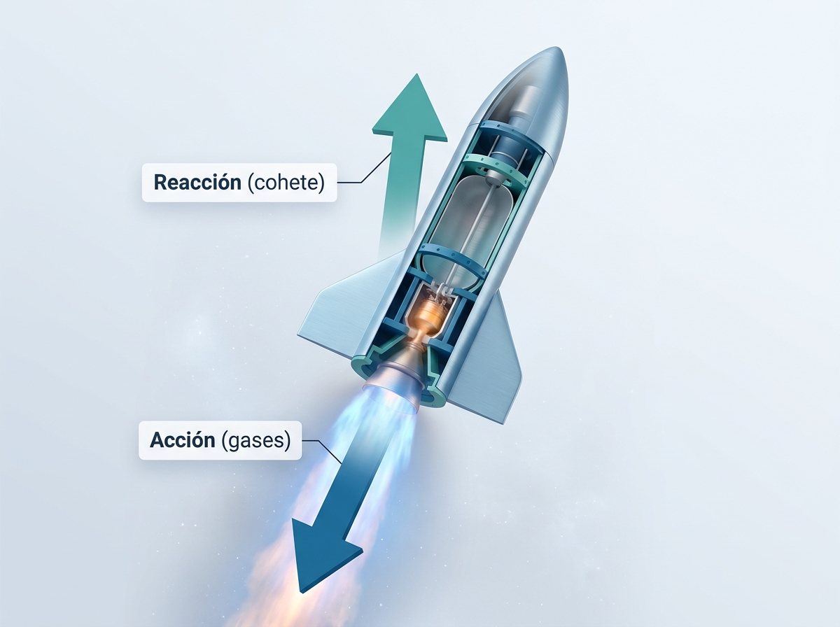 Cohete en lanzamiento con flechas que ilustran el par acción-reacción de la Tercera Ley de Newton