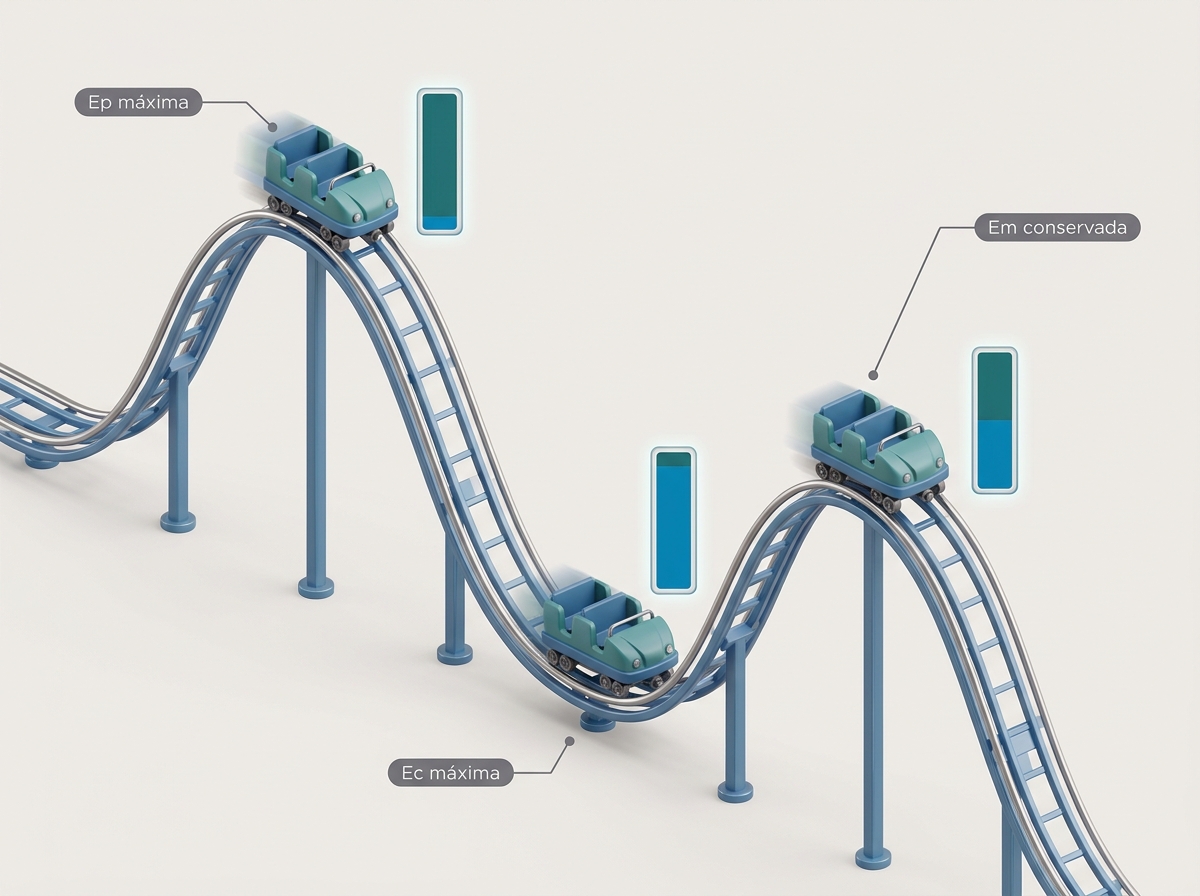 Montaña rusa con carro en tres posiciones que ilustran la transformación entre energía potencial y cinética