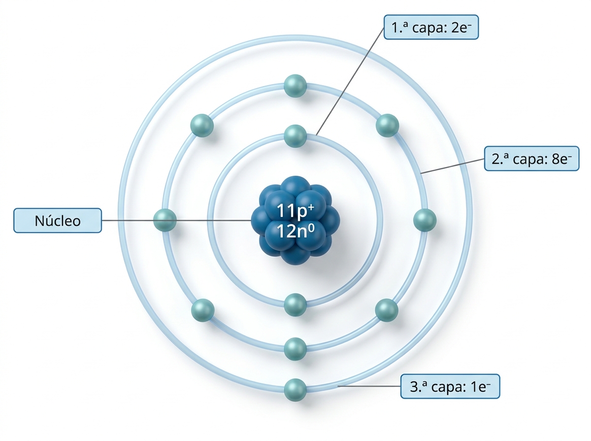 Modelo de Bohr del sodio con tres capas electrónicas: 2, 8 y 1 electrón.
