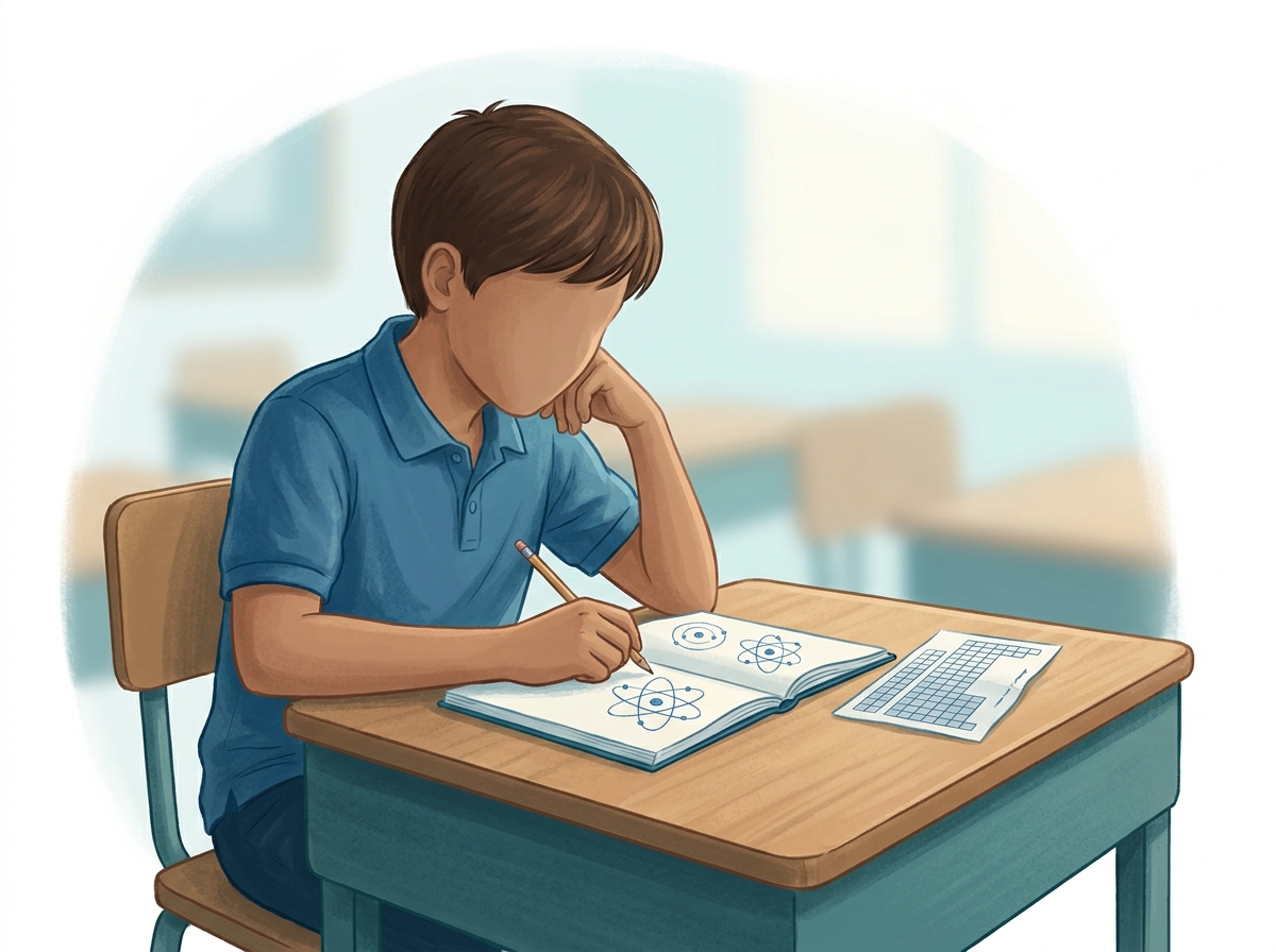Ilustración de un estudiante reflexionando sobre sus apuntes del átomo al finalizar la clase.